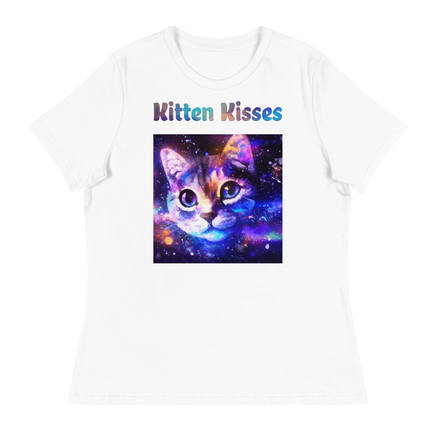 Women's White T-Shirt with Cat With Space with a text "Kitten Kisses" at $25.97 found at Personalizedpetlovergifts