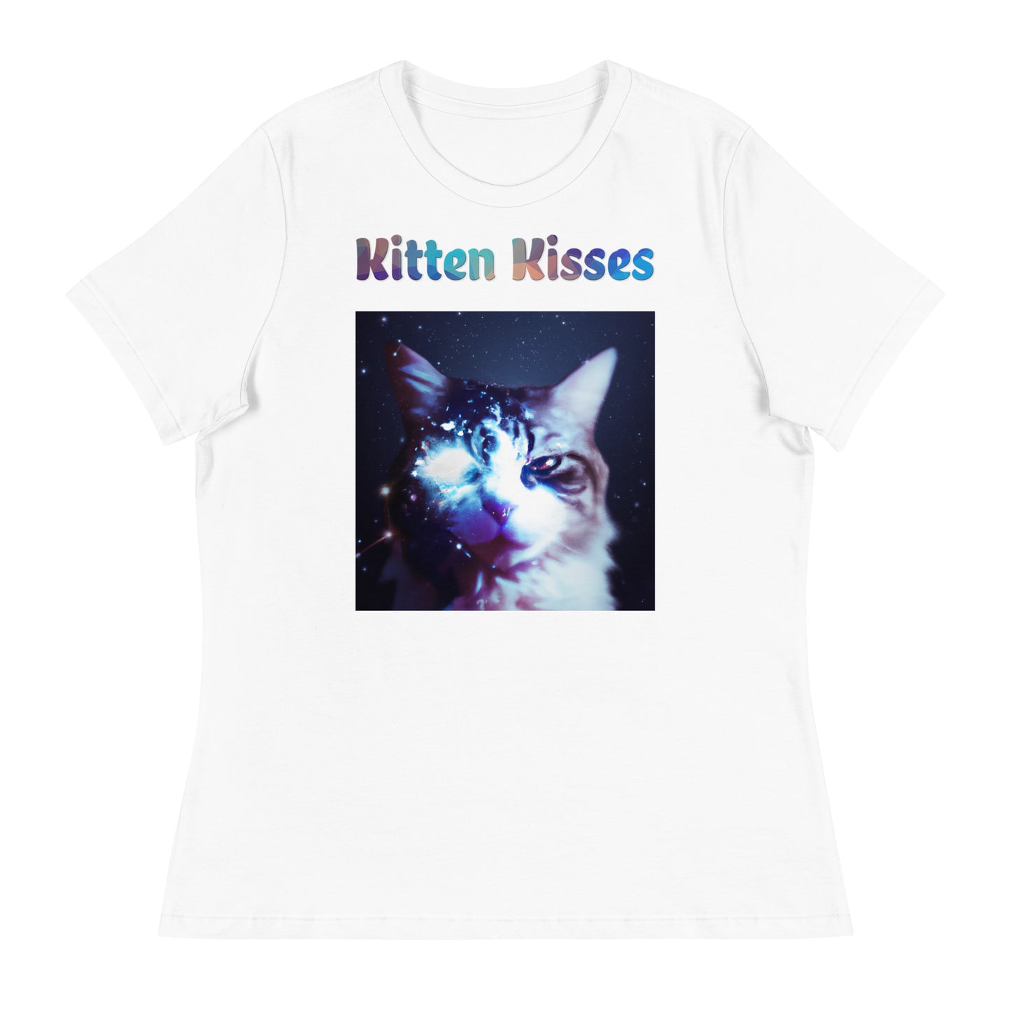 Women's White T-Shirt with Cat With Space Eye with a text "Kitten Kisses" at $25.97 found at Personalizedpetlovergifts