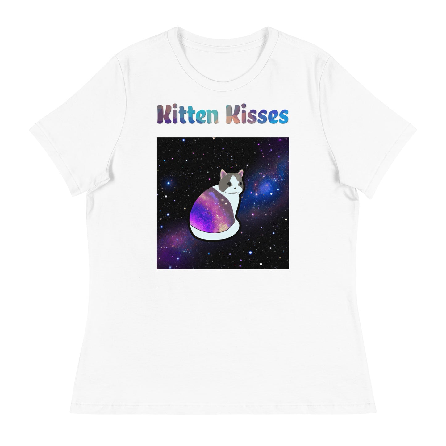 Women's White T-Shirt with Cat With Space Clothes with a text "Kitten Kisses" at $25.97 found at Personalizedpetlovergifts