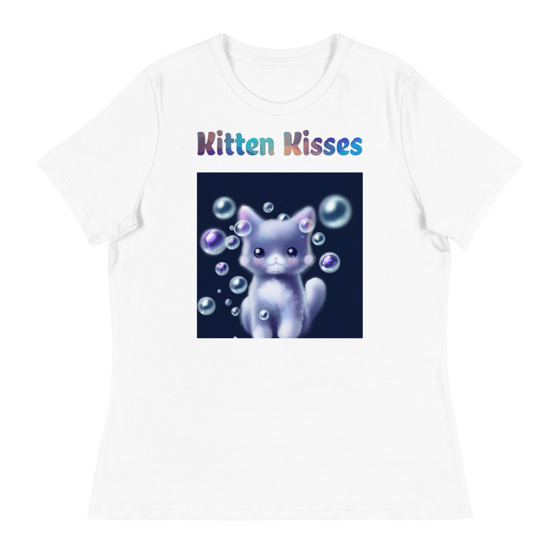 Women's White T-Shirt with Cat With Soap Bubbles with a text "Kitten Kisses" at $25.97 found at Personalizedpetlovergifts