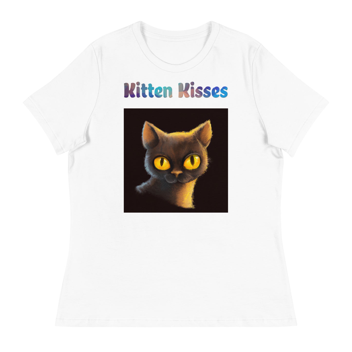 Women's White T-Shirt with Cat With Shiny Yellow Eyes with a text "Kitten Kisses" at $25.97 found at Personalizedpetlovergifts