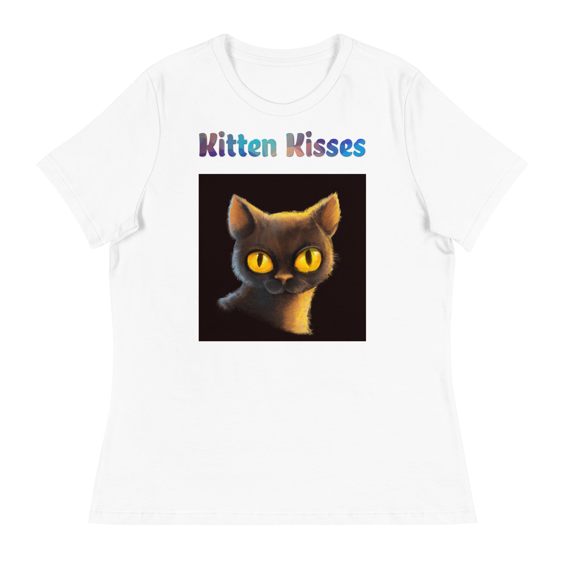 Women's White T-Shirt with Cat With Shiny Yellow Eyes with a text "Kitten Kisses" at $25.97 found at Personalizedpetlovergifts