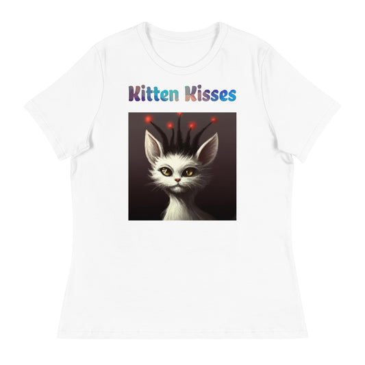 Women's White T-Shirt with Cat With Red Alien Spikes with a text "Kitten Kisses" at $25.97 found at Personalizedpetlovergifts