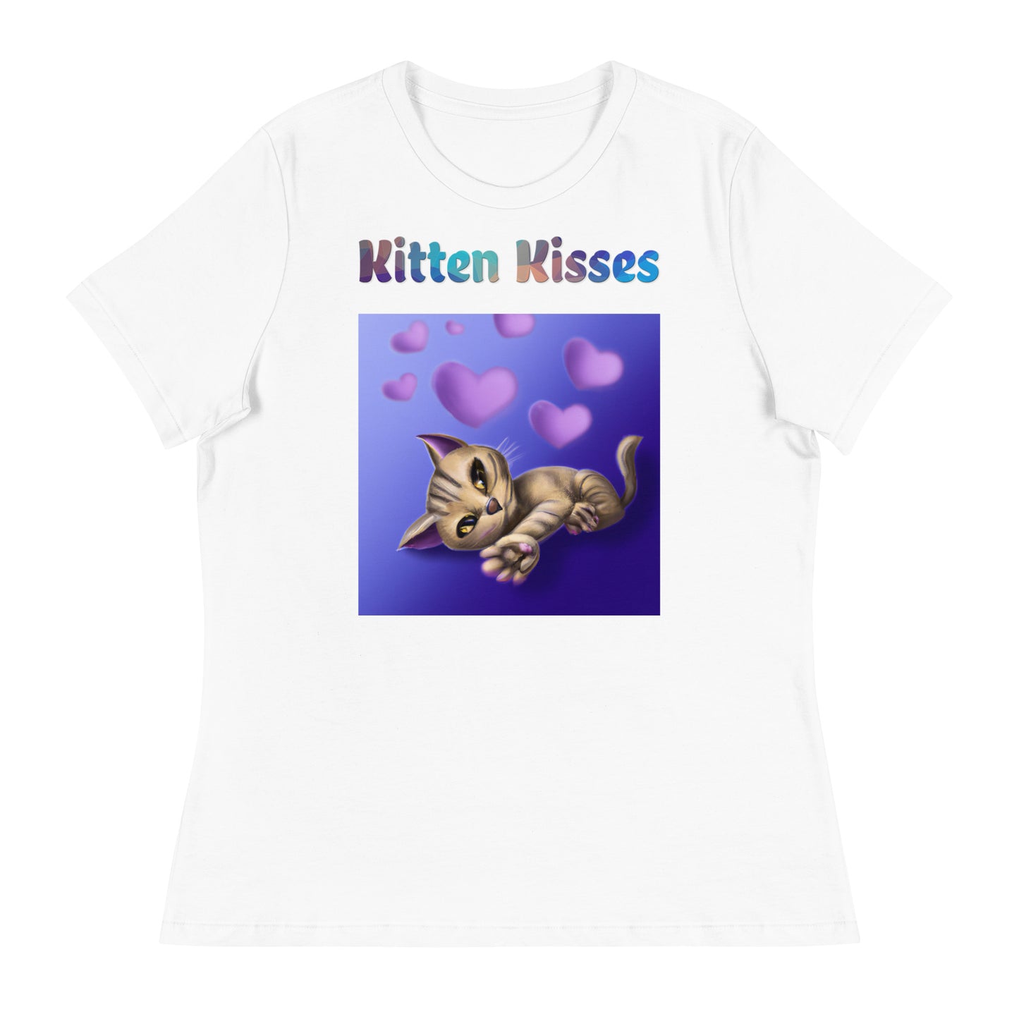 Women's White T-Shirt with Cat With Purple Hearts with a text "Kitten Kisses" at $25.97 found at Personalizedpetlovergifts