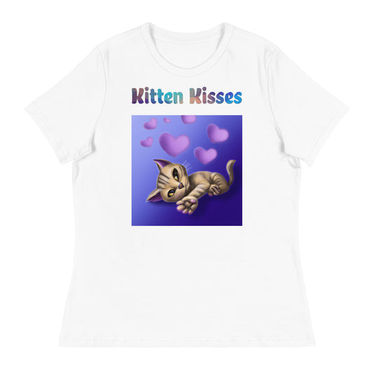 Women's White T-Shirt with Cat With Purple Hearts with a text "Kitten Kisses" at $25.97 found at Personalizedpetlovergifts