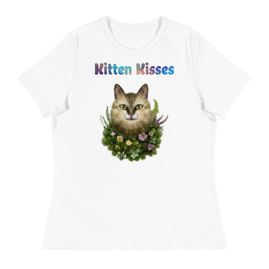 Women's White T-Shirt with Cat With Plants And Flowers with a text "Kitten Kisses" at $25.97 found at Personalizedpetlovergifts