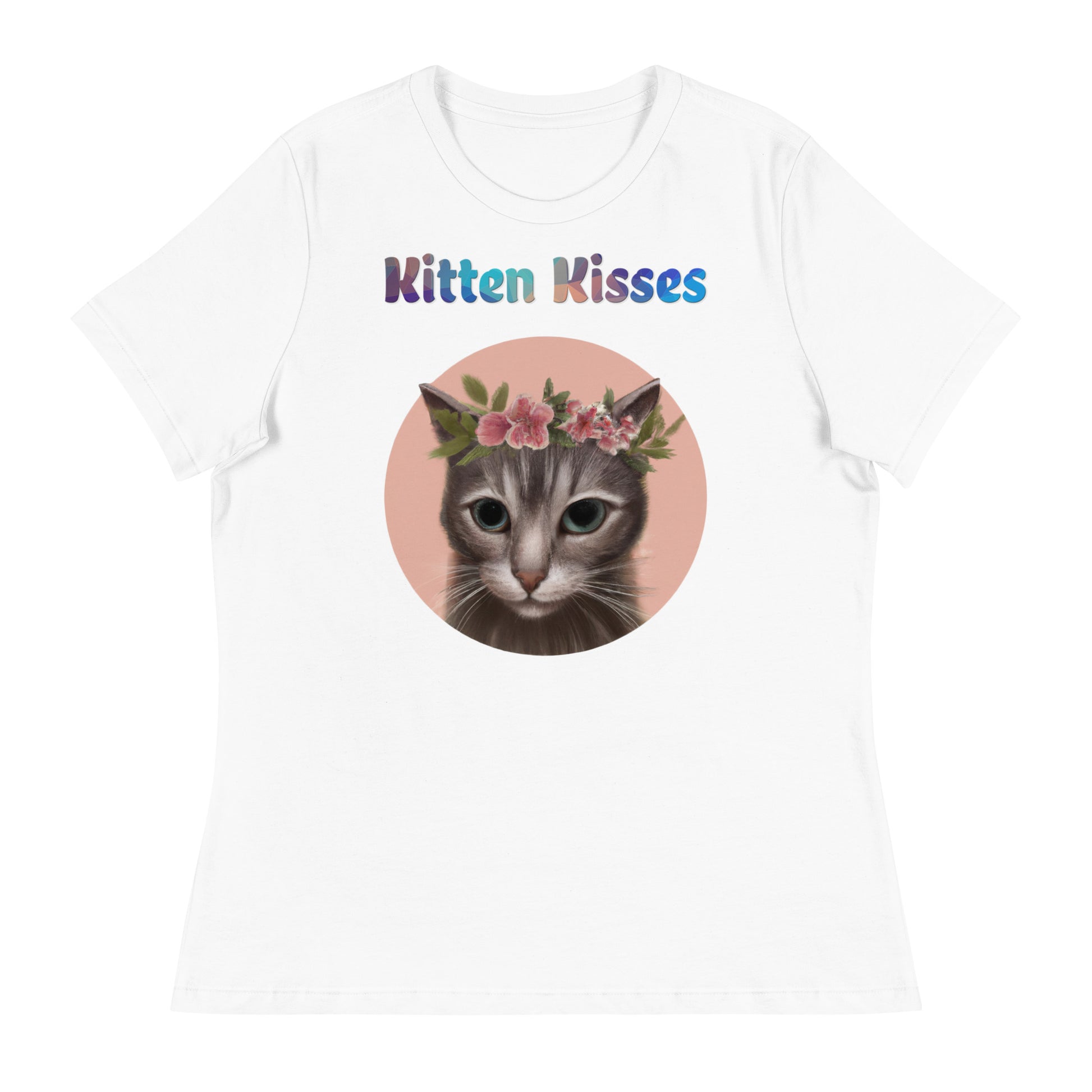 Women's White T-Shirt with Cat With Pink Floral Headpiece with a text "Kitten Kisses" at $25.97 found at Personalizedpetlovergifts