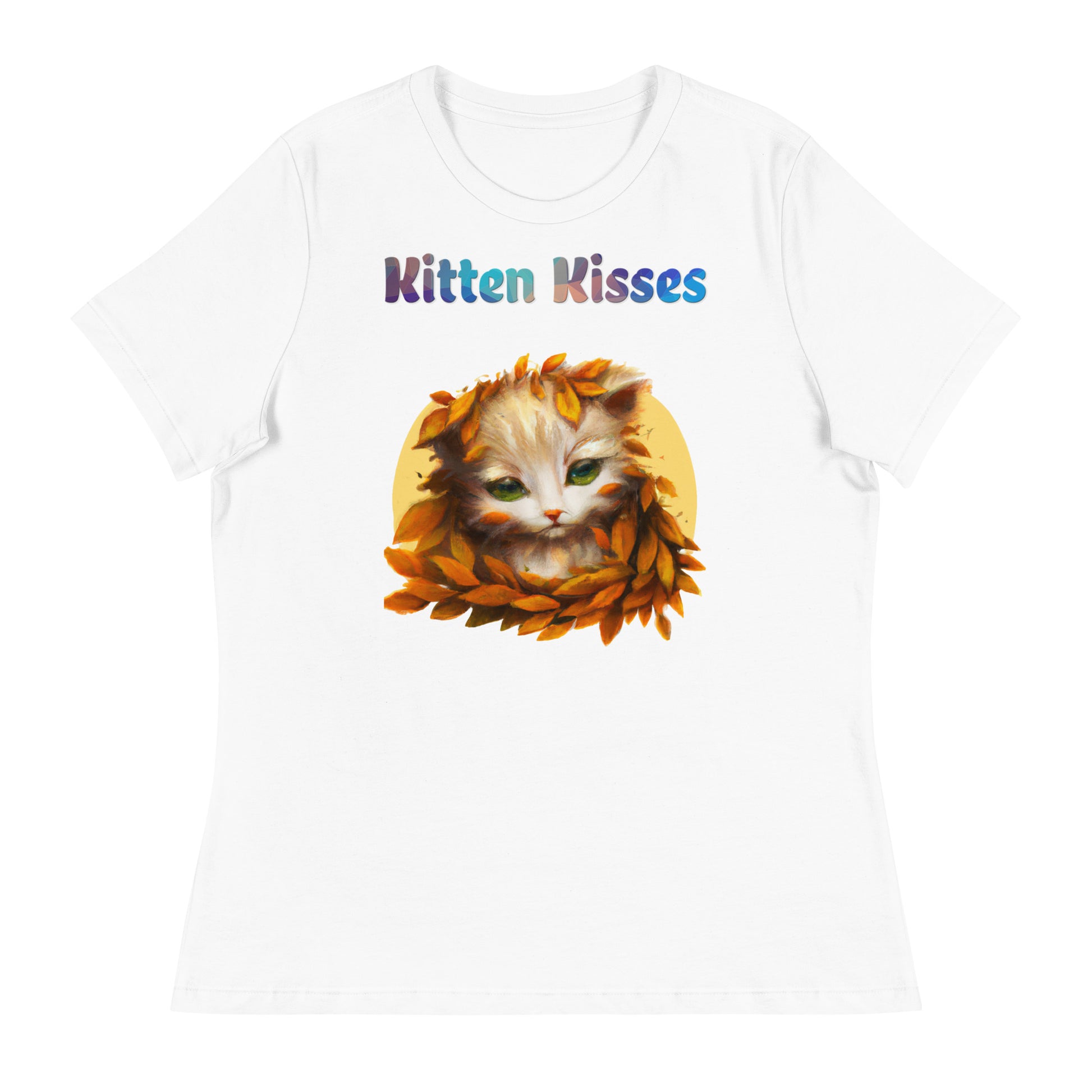 Women's White T-Shirt with Cat With Orange Leaves with a text "Kitten Kisses" at $25.97 found at Personalizedpetlovergifts