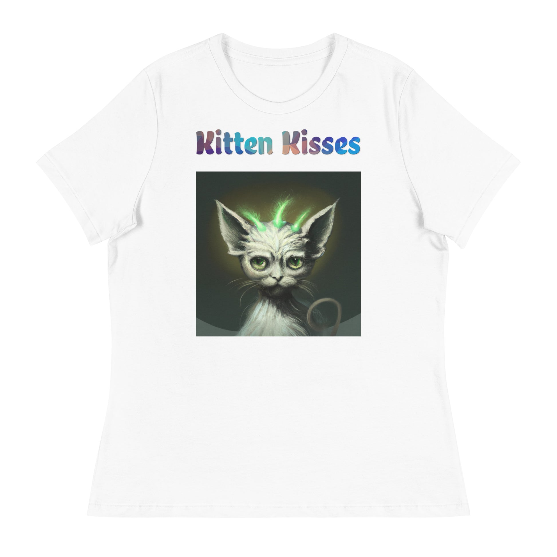 Women's White T-Shirt with Cat With Green Alien Spikes with a text "Kitten Kisses" at $25.97 found at Personalizedpetlovergifts