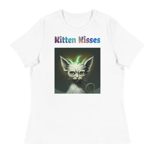 Women's White T-Shirt with Cat With Green Alien Spikes with a text "Kitten Kisses" at $25.97 found at Personalizedpetlovergifts