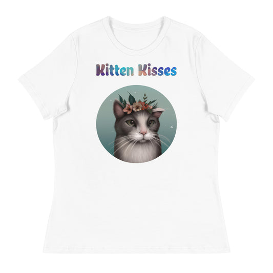 Women's White T-Shirt with Cat With Flowers with a text "Kitten Kisses" at $25.97 found at Personalizedpetlovergifts