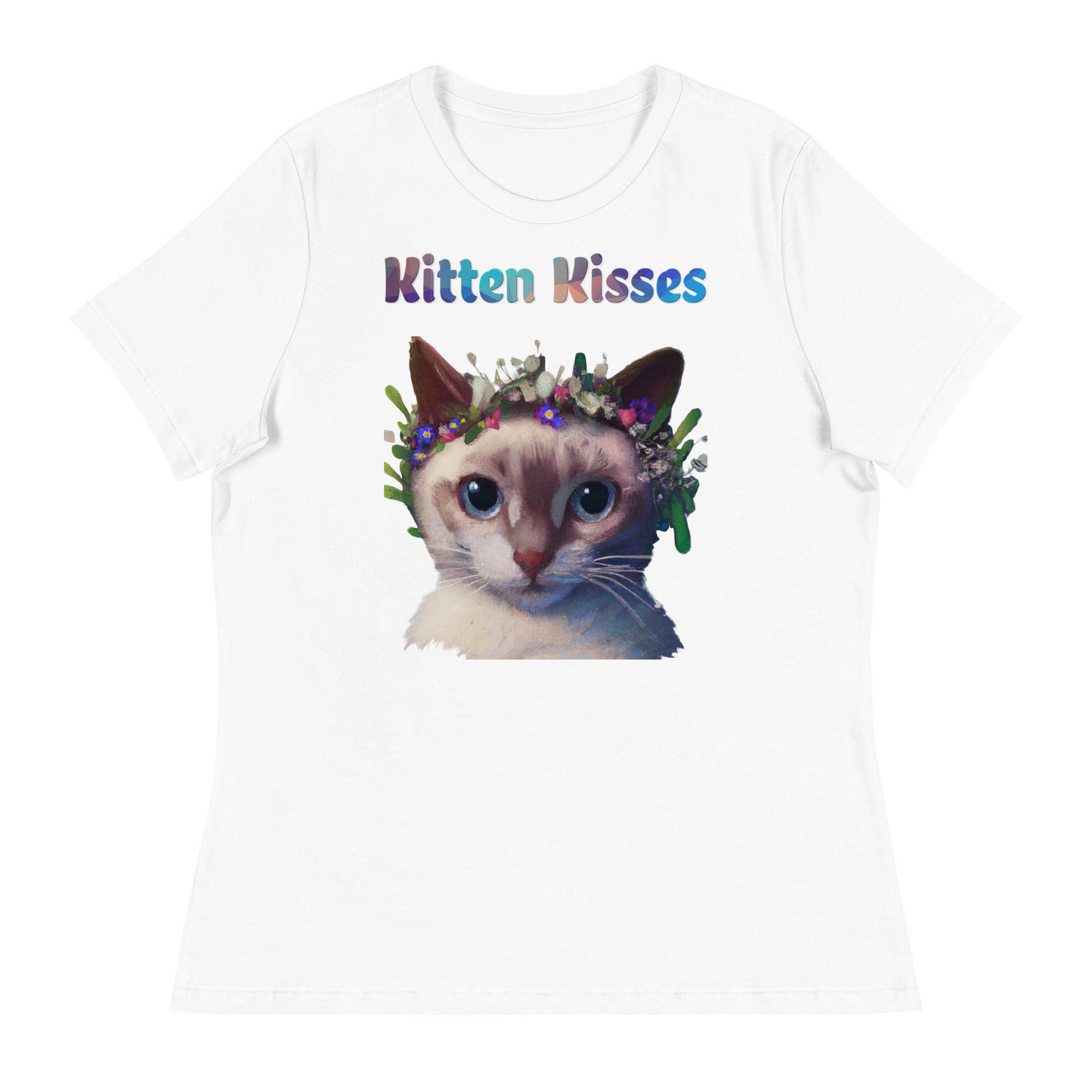 Women's White T-Shirt with Cat With Flowers On Head with a text "Kitten Kisses" at $25.97 found at Personalizedpetlovergifts