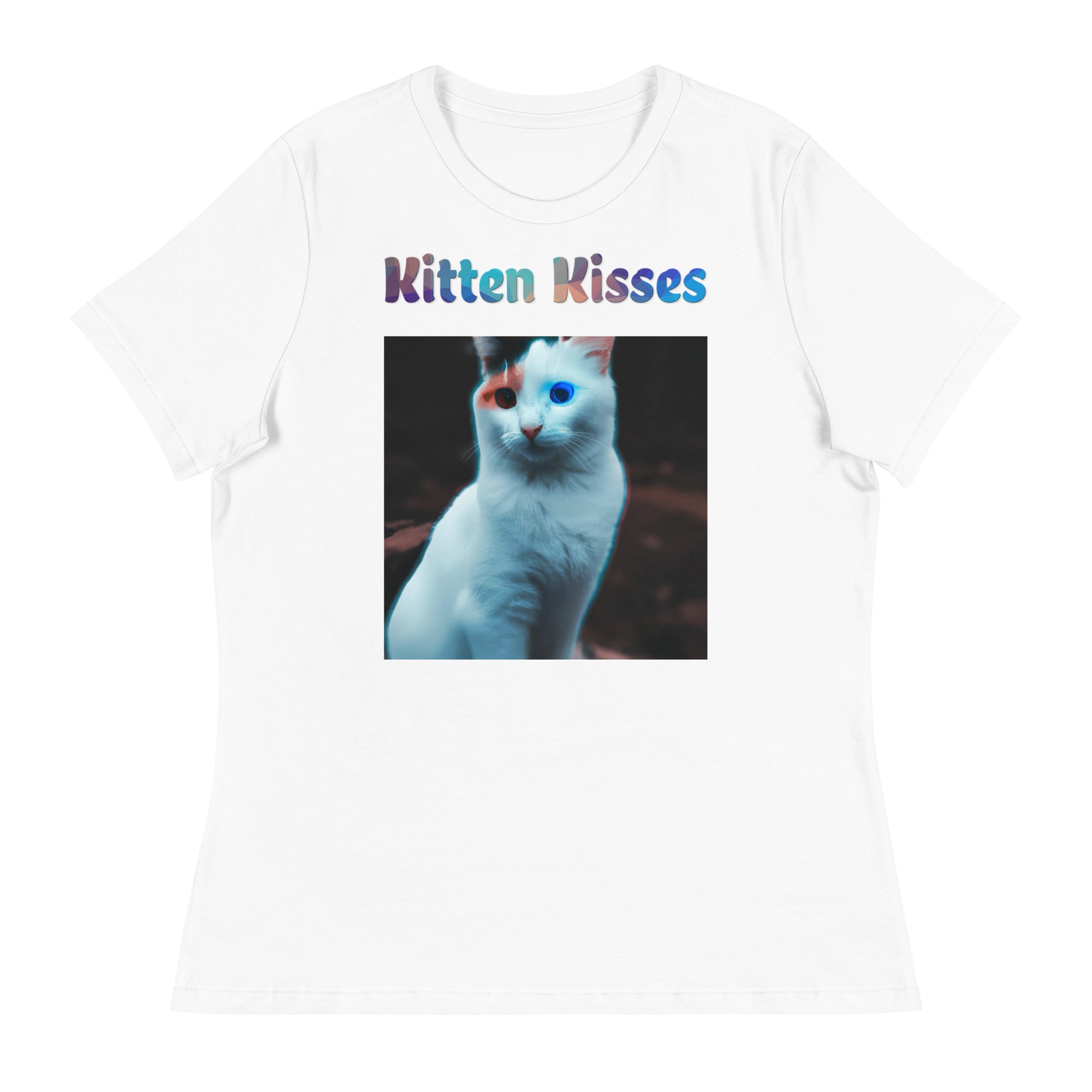 Women's White T-Shirt with Cat With Colorful Eyes with a text "Kitten Kisses" at $25.97 found at Personalizedpetlovergifts