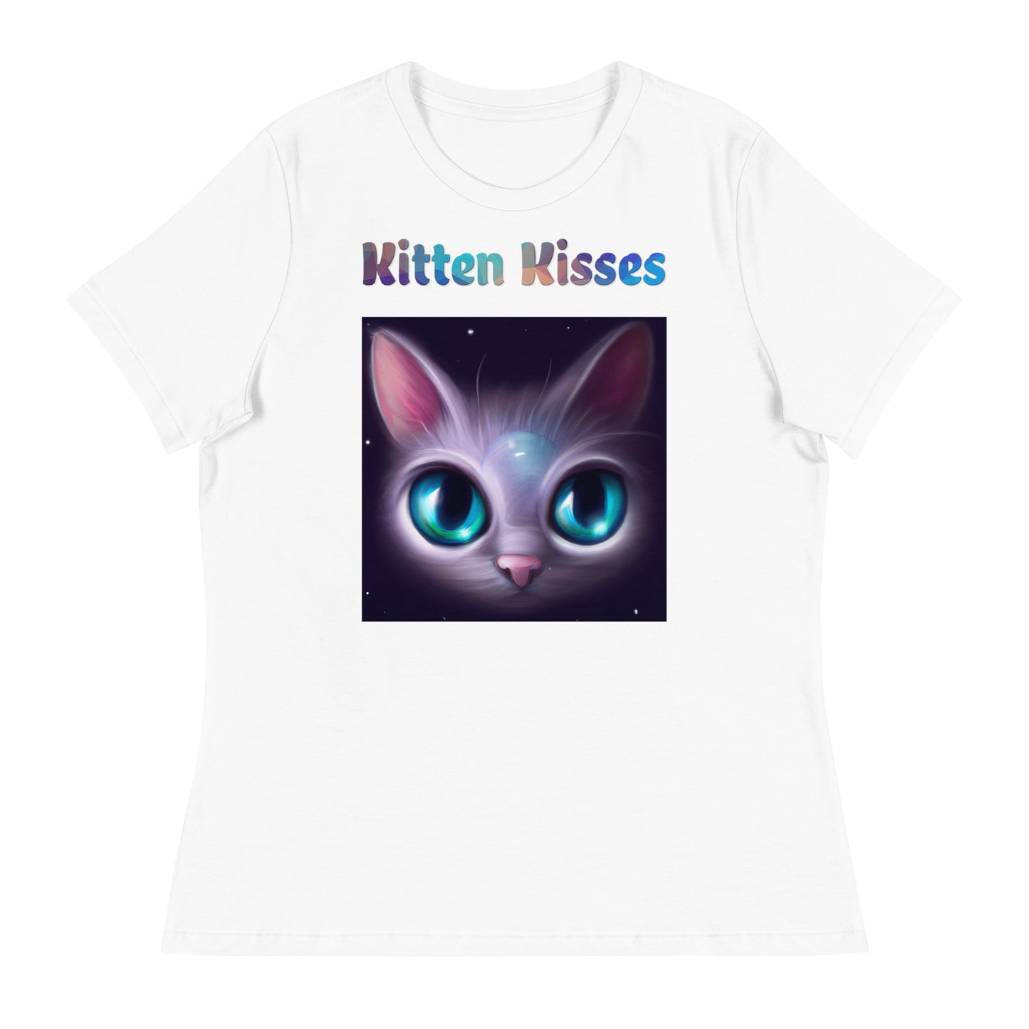 Women's White T-Shirt with Cat With Bright Blue Eyes with a text "Kitten Kisses" at $25.97 found at Personalizedpetlovergifts