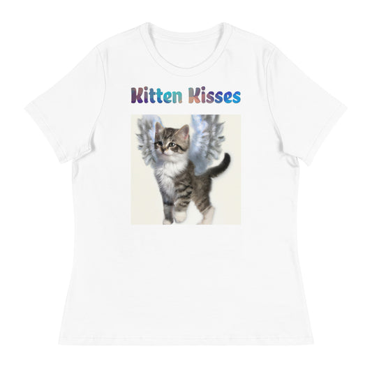 Women's White T-Shirt with Cat With Beautiful Angel Wings with a text "Kitten Kisses" at $25.97 found at Personalizedpetlovergifts