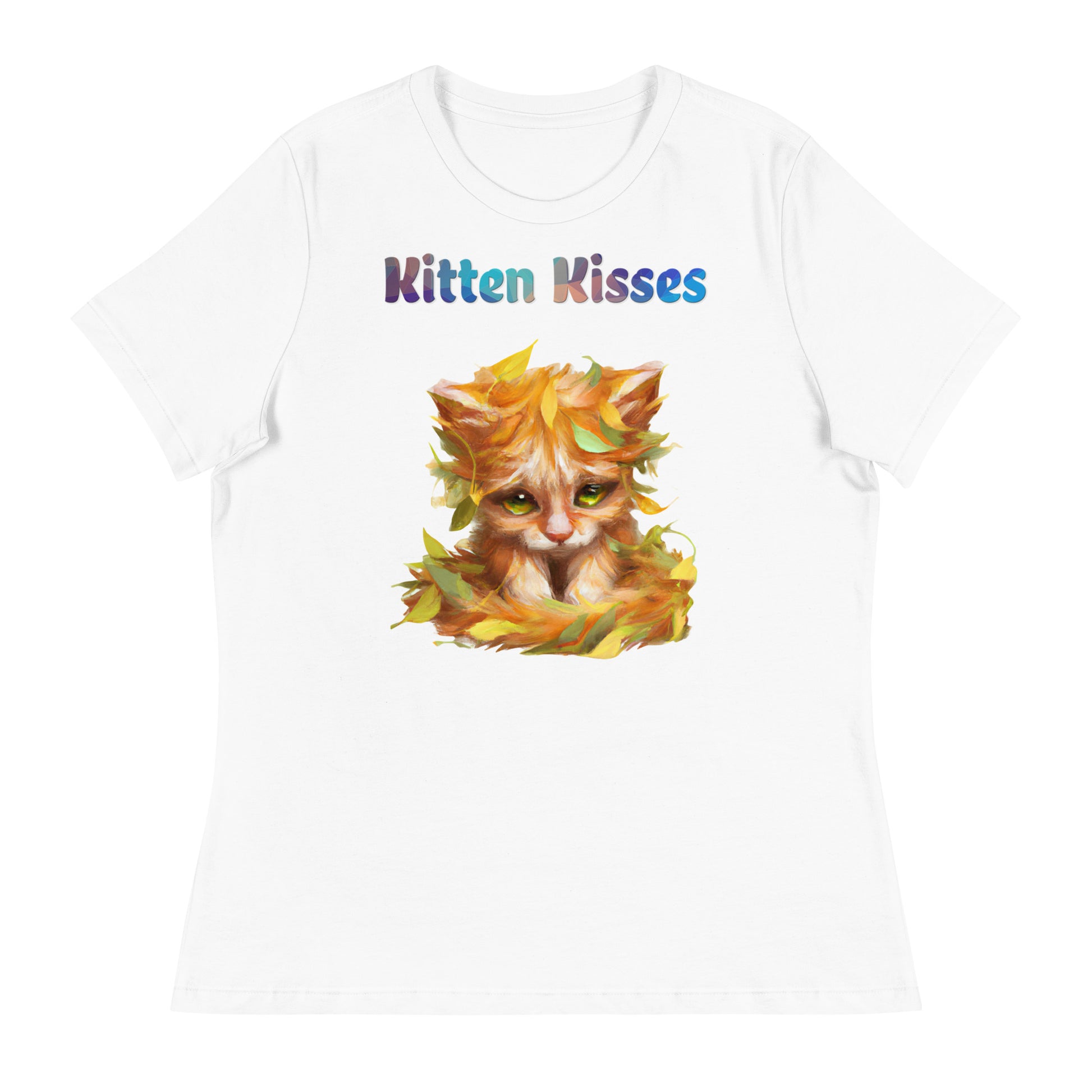 Women's White T-Shirt with Cat With Autumn Leaves with a text "Kitten Kisses" at $25.97 found at Personalizedpetlovergifts