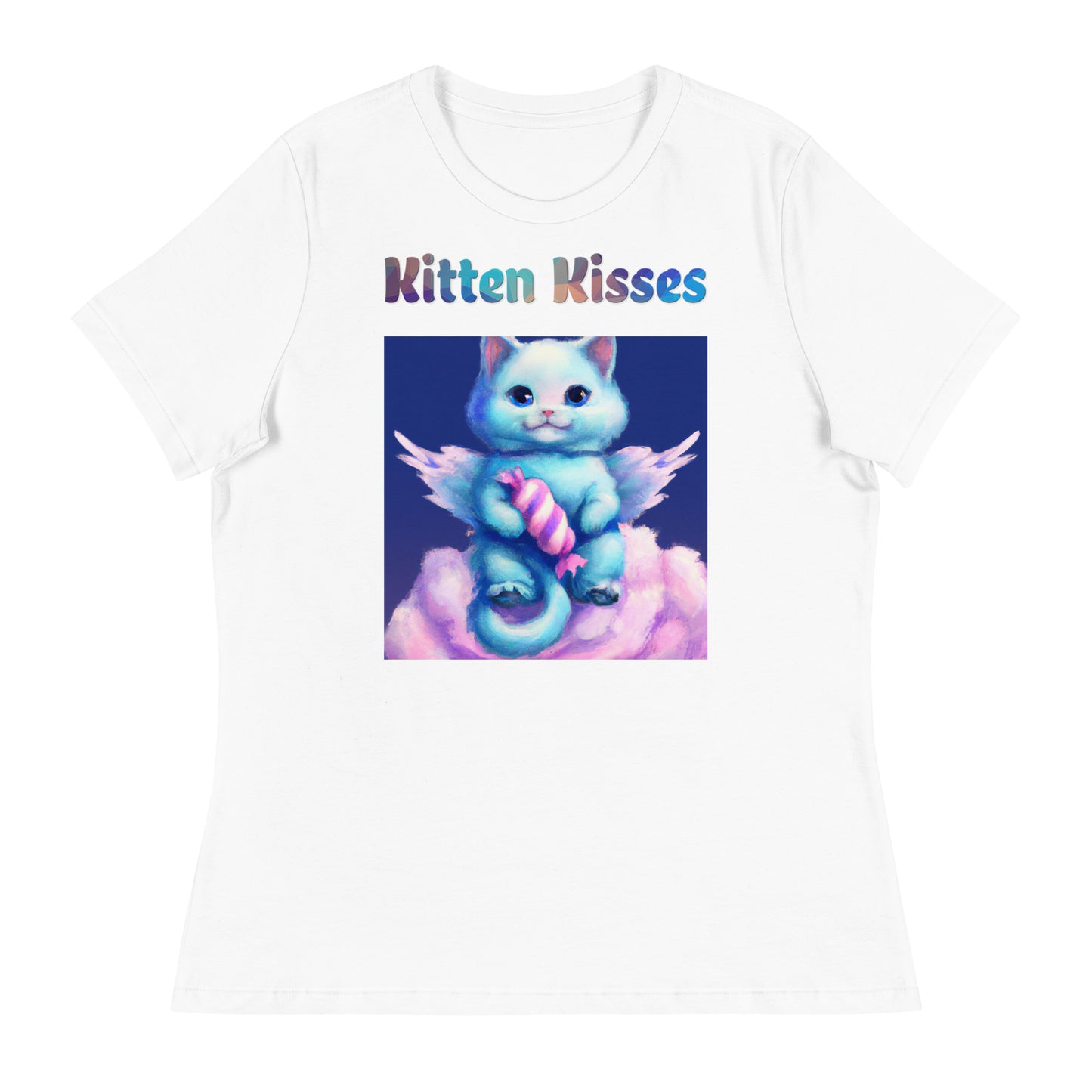 Women's White T-Shirt with Cat With Angel Wings In The Clouds with a text "Kitten Kisses" at $25.97 found at Personalizedpetlovergifts