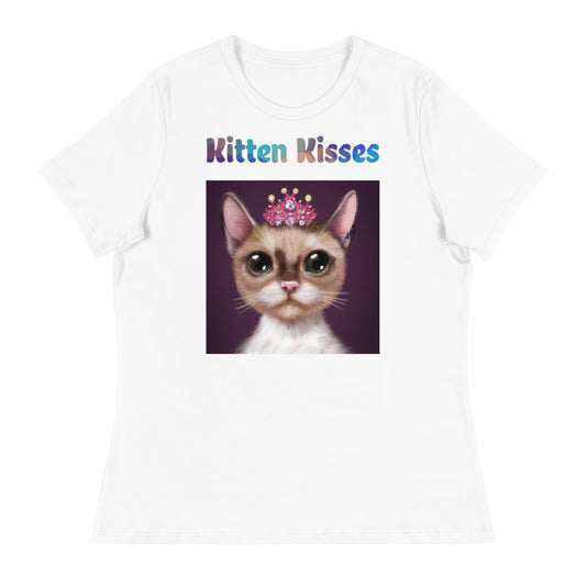 Women's White T-Shirt with Cat With a Pink Tiara with a text "Kitten Kisses" at $25.97 found at Personalizedpetlovergifts