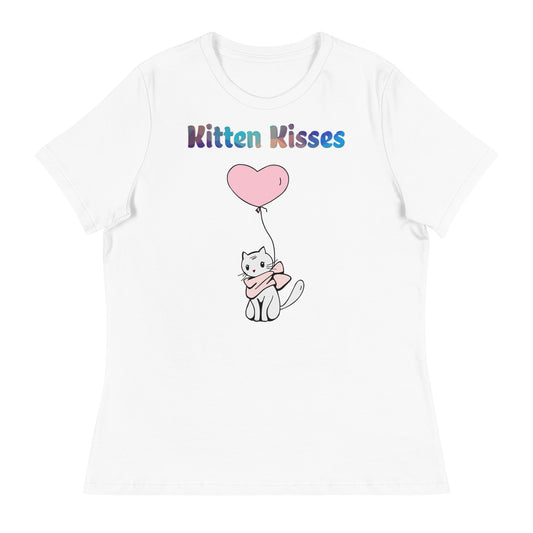 Women's White T-Shirt with Cat With a Pink Heart Balloon with a text "Kitten Kisses" at $25.97 found at Personalizedpetlovergifts