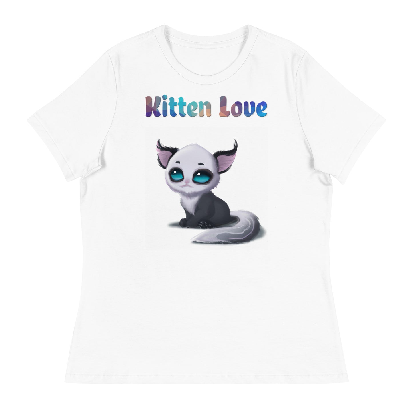 Women's White T-Shirt with Cute Alien Kitten with a text "Kitten Love" at $25.97 found at Personalizedpetlovergifts