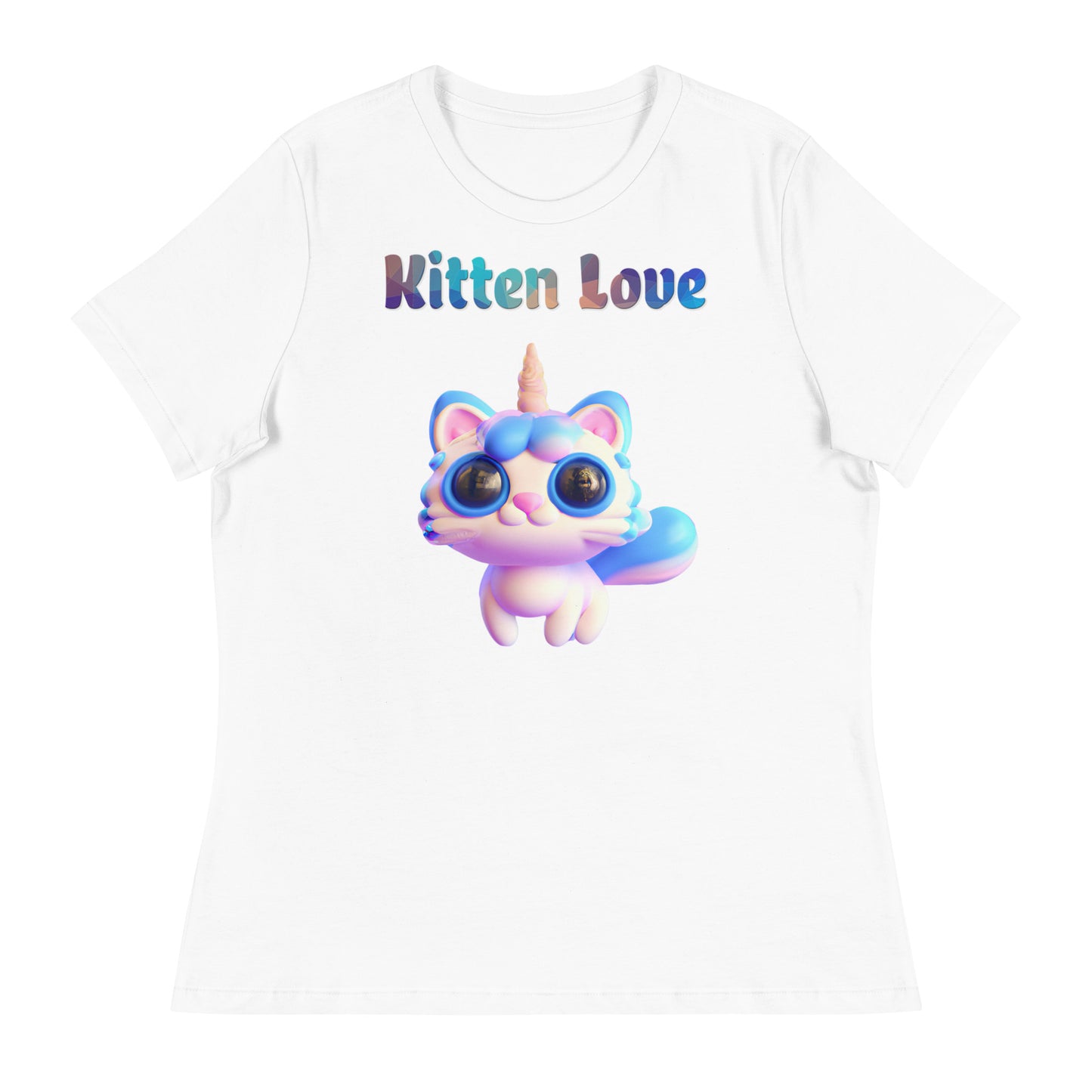 Women's White T-Shirt with Cute 3D Unicorn Cat with a text "Kitten Love" at $25.97 found at Personalizedpetlovergifts