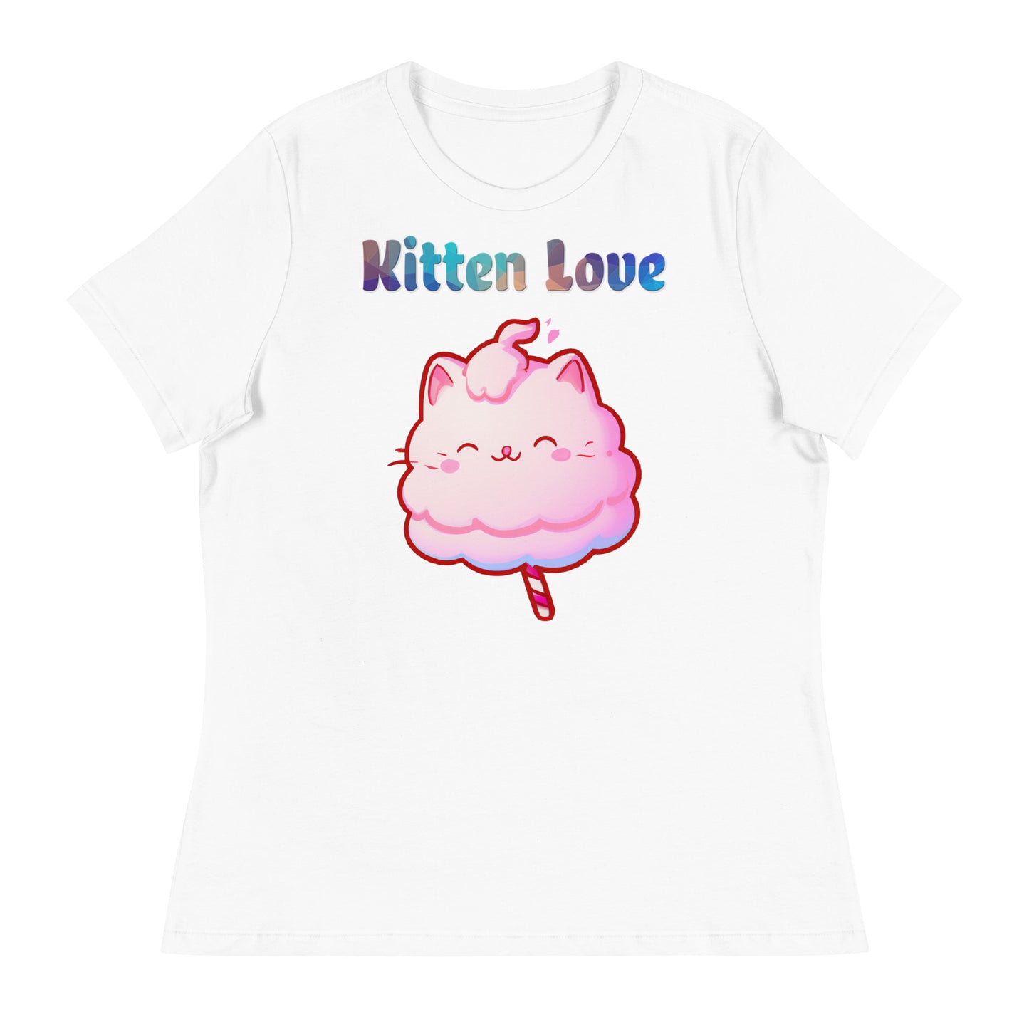 Women's White T-Shirt with Cotton Candy Cat with a text "Kitten Love" at $25.97 found at Personalizedpetlovergifts