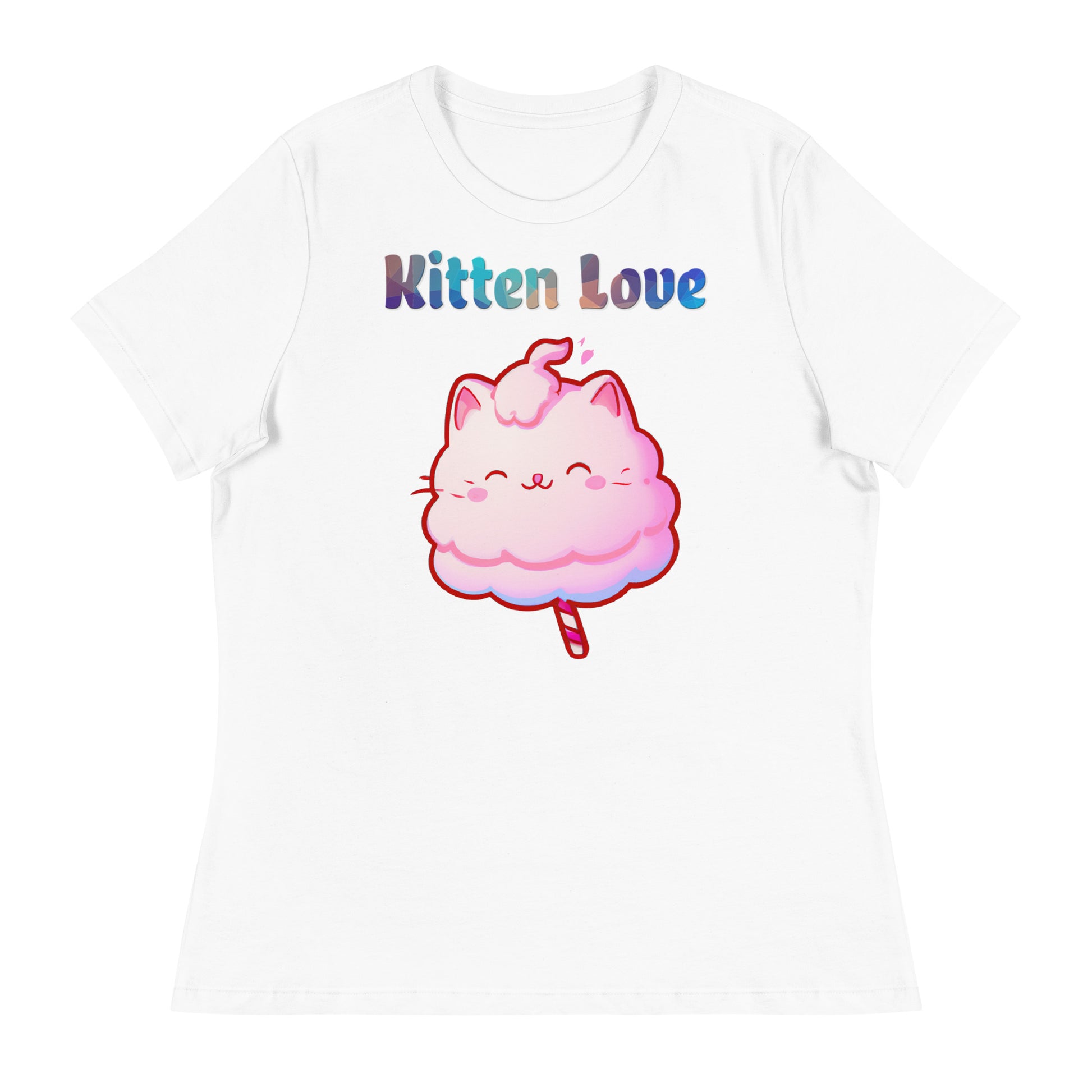 Women's White T-Shirt with Cotton Candy Cat with a text "Kitten Love" at $25.97 found at Personalizedpetlovergifts