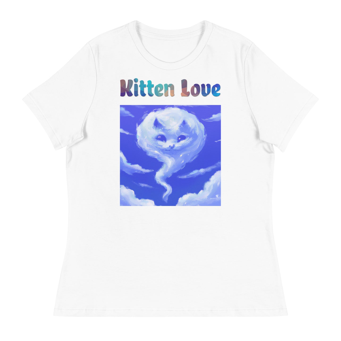 Women's White T-Shirt with Cloud With a Cat Face with a text "Kitten Love" at $25.97 found at Personalizedpetlovergifts