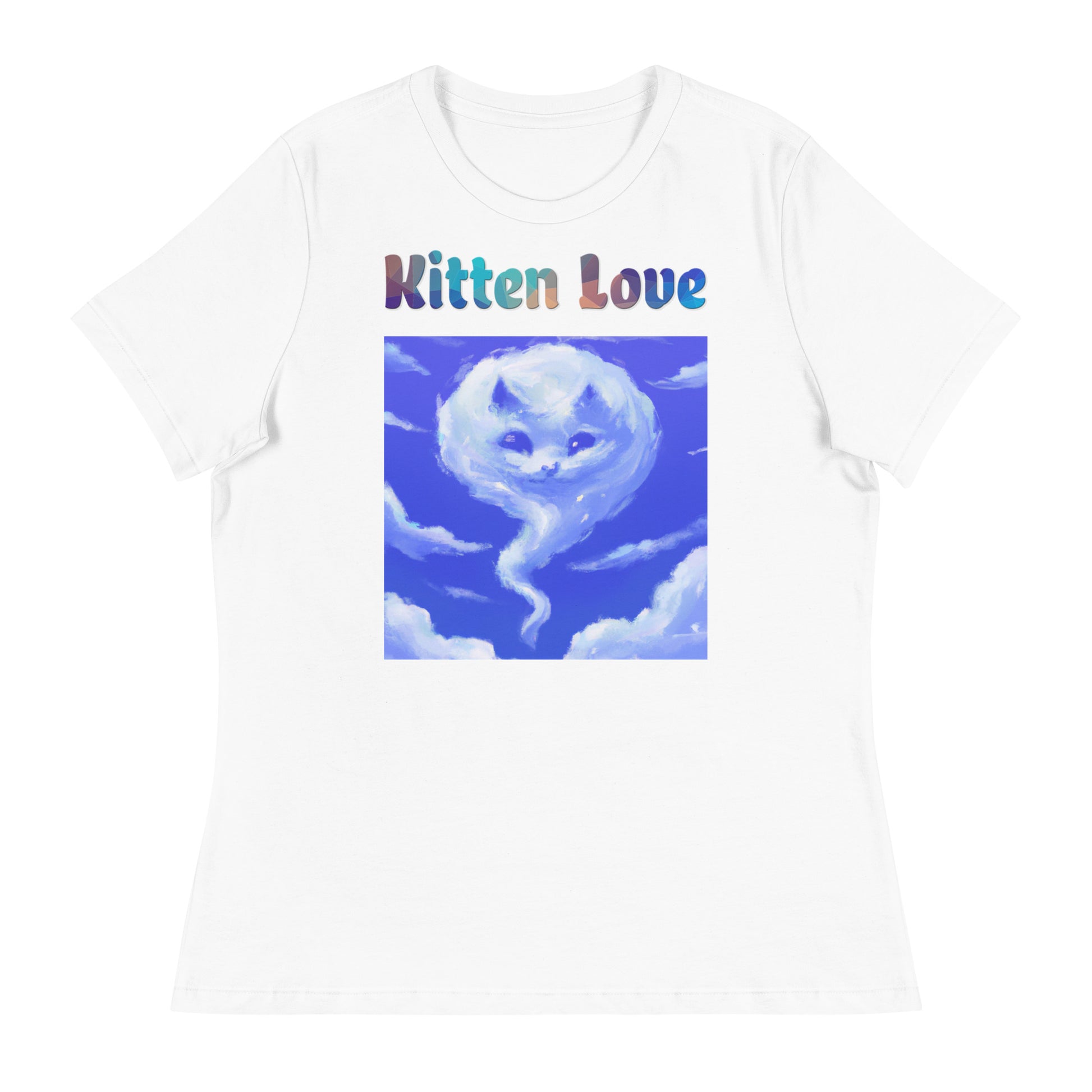 Women's White T-Shirt with Cloud With a Cat Face with a text "Kitten Love" at $25.97 found at Personalizedpetlovergifts