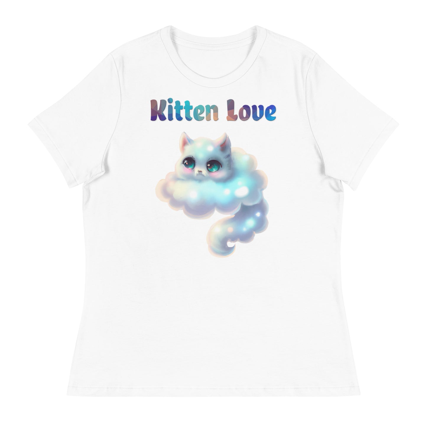 Women's White T-Shirt with Cloud Shaped Kitten with a text "Kitten Love" at $25.97 found at Personalizedpetlovergifts