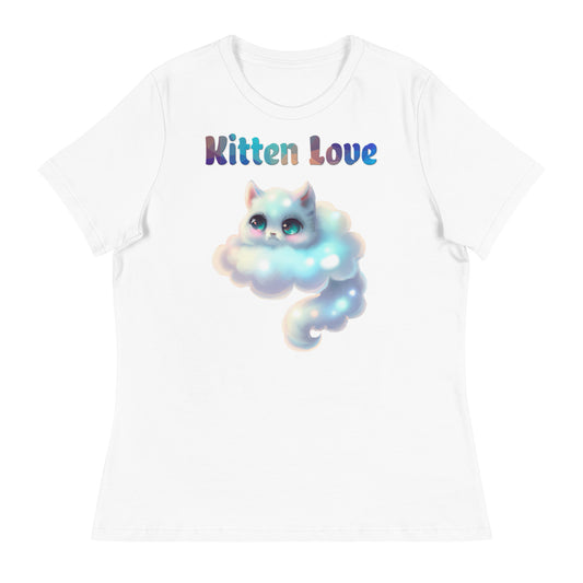 Women's White T-Shirt with Cloud Shaped Kitten with a text "Kitten Love" at $25.97 found at Personalizedpetlovergifts