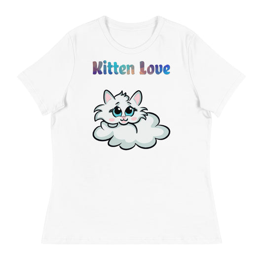 Women's White T-Shirt with Cloud Kitten with a text "Kitten Love" at $25.97 found at Personalizedpetlovergifts