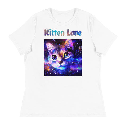 Women's White T-Shirt with Cat With Space with a text "Kitten Love" at $25.97 found at Personalizedpetlovergifts