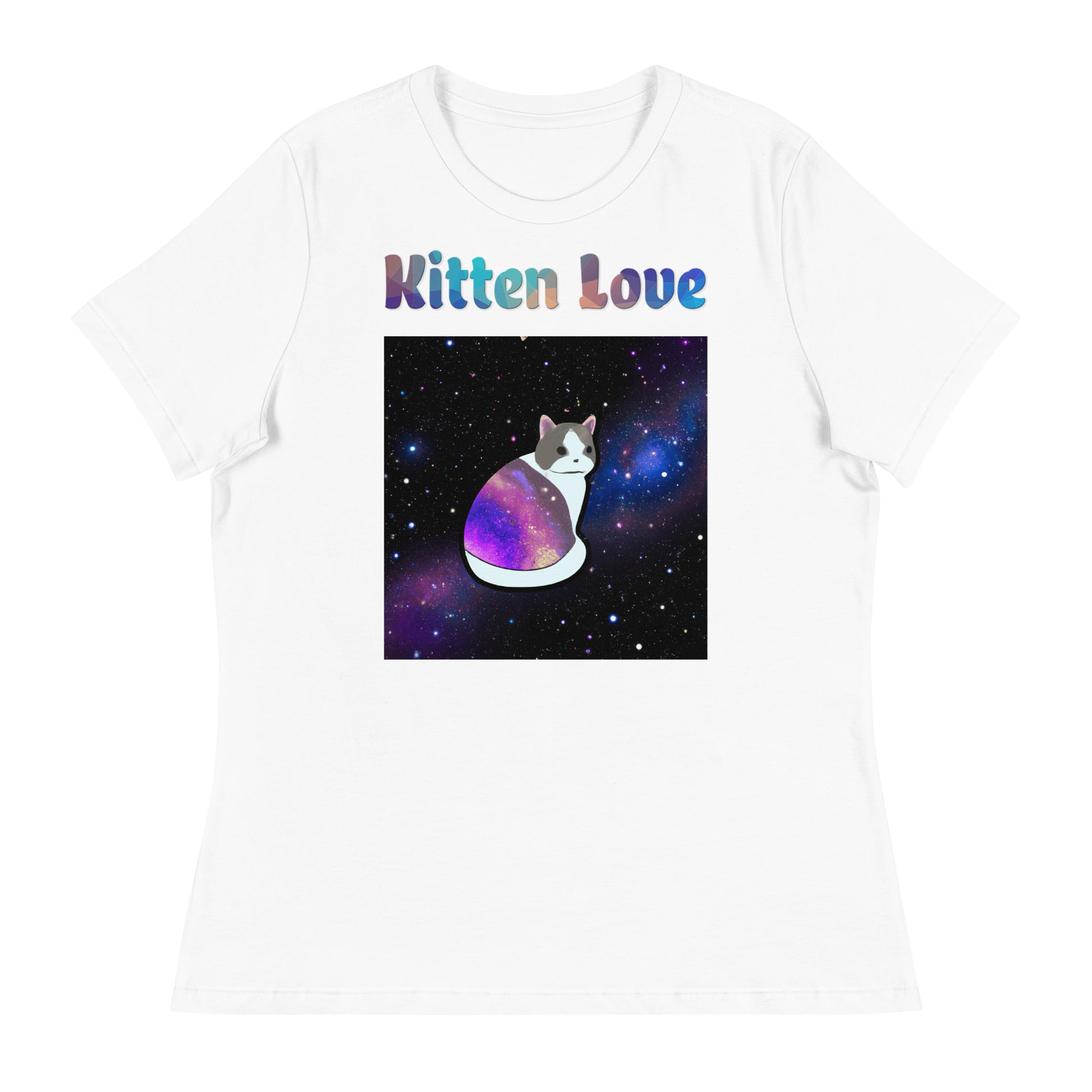 Women's White T-Shirt with Cat With Space Clothes with a text "Kitten Love" at $25.97 found at Personalizedpetlovergifts