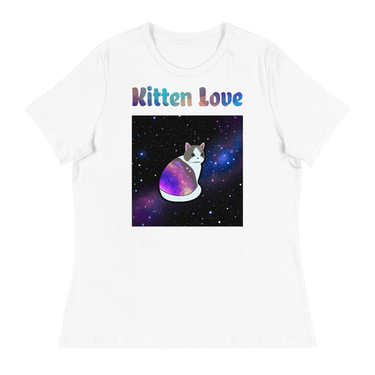 Women's White T-Shirt with Cat With Space Clothes with a text "Kitten Love" at $25.97 found at Personalizedpetlovergifts