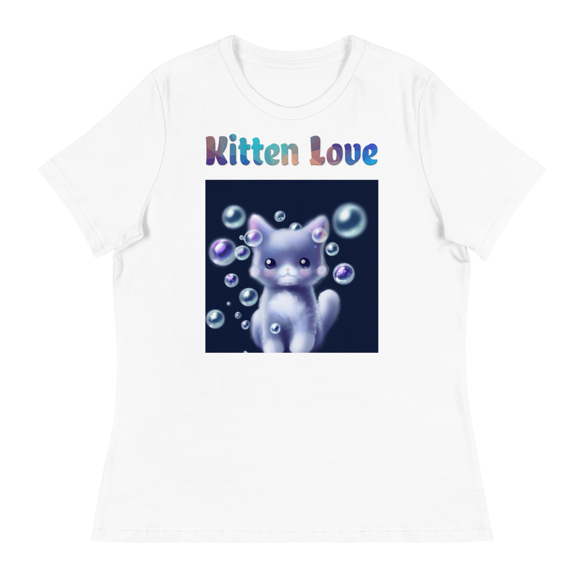 Women's White T-Shirt with Cat With Soap Bubbles with a text "Kitten Love" at $25.97 found at Personalizedpetlovergifts