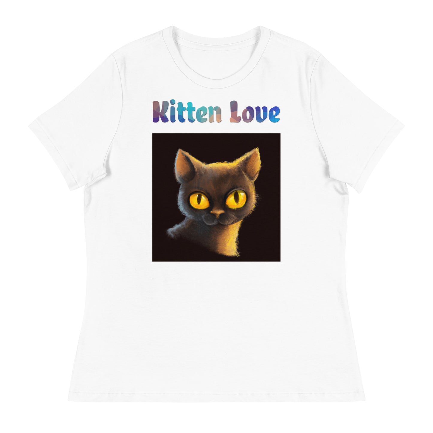 Women's White T-Shirt with Cat With Shiny Yellow Eyes with a text "Kitten Love" at $25.97 found at Personalizedpetlovergifts