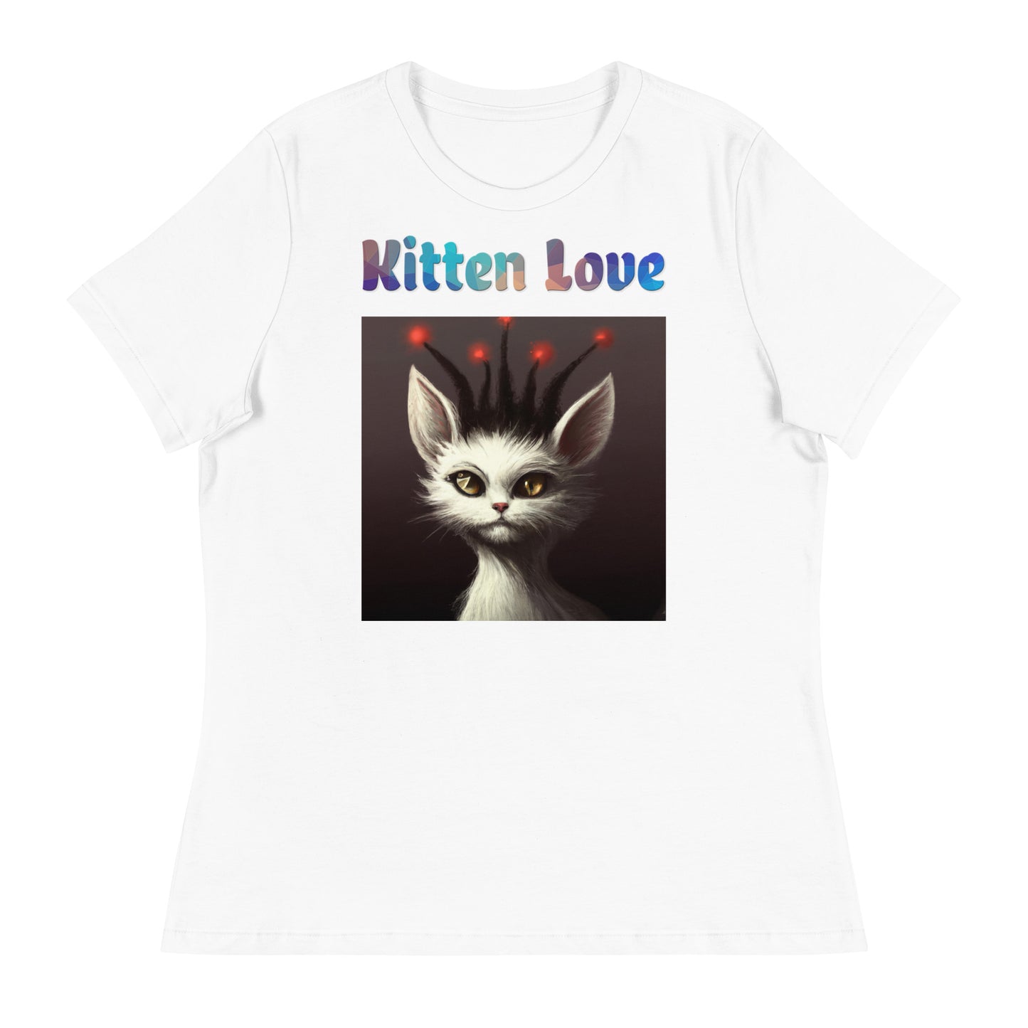 Women's White T-Shirt with Cat With Red Alien Spikes with a text "Kitten Love" at $25.97 found at Personalizedpetlovergifts