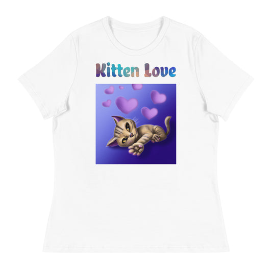 Women's White T-Shirt with Cat With Purple Hearts with a text "Kitten Love" at $25.97 found at Personalizedpetlovergifts