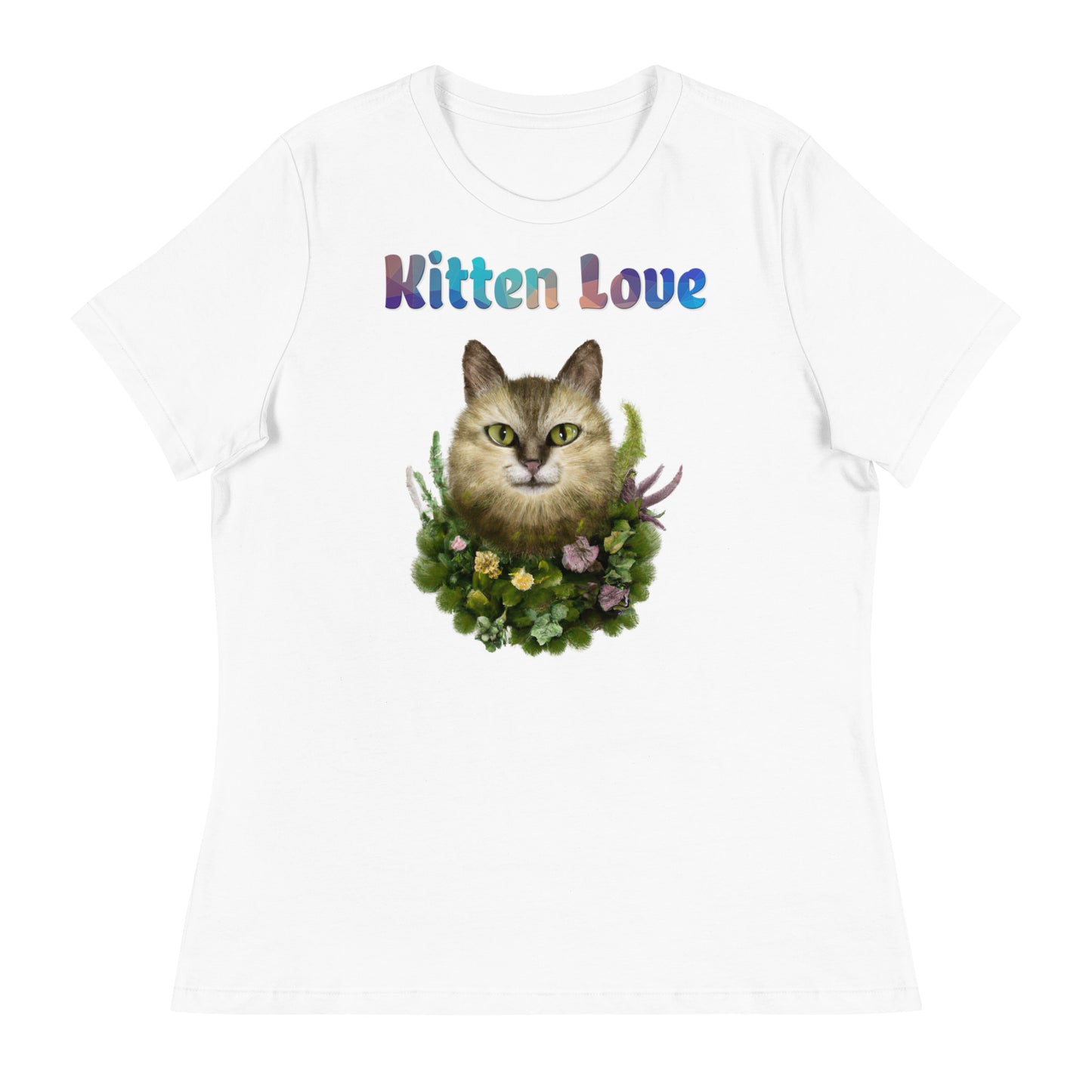 Women's White T-Shirt with Cat With Plants And Flowers with a text "Kitten Love" at $25.97 found at Personalizedpetlovergifts