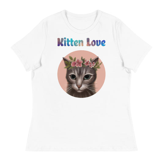 Women's White T-Shirt with Cat With Pink Floral Headpiece with a text "Kitten Love" at $25.97 found at Personalizedpetlovergifts