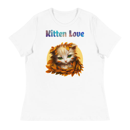 Women's White T-Shirt with Cat With Orange Leaves with a text "Kitten Love" at $25.97 found at Personalizedpetlovergifts