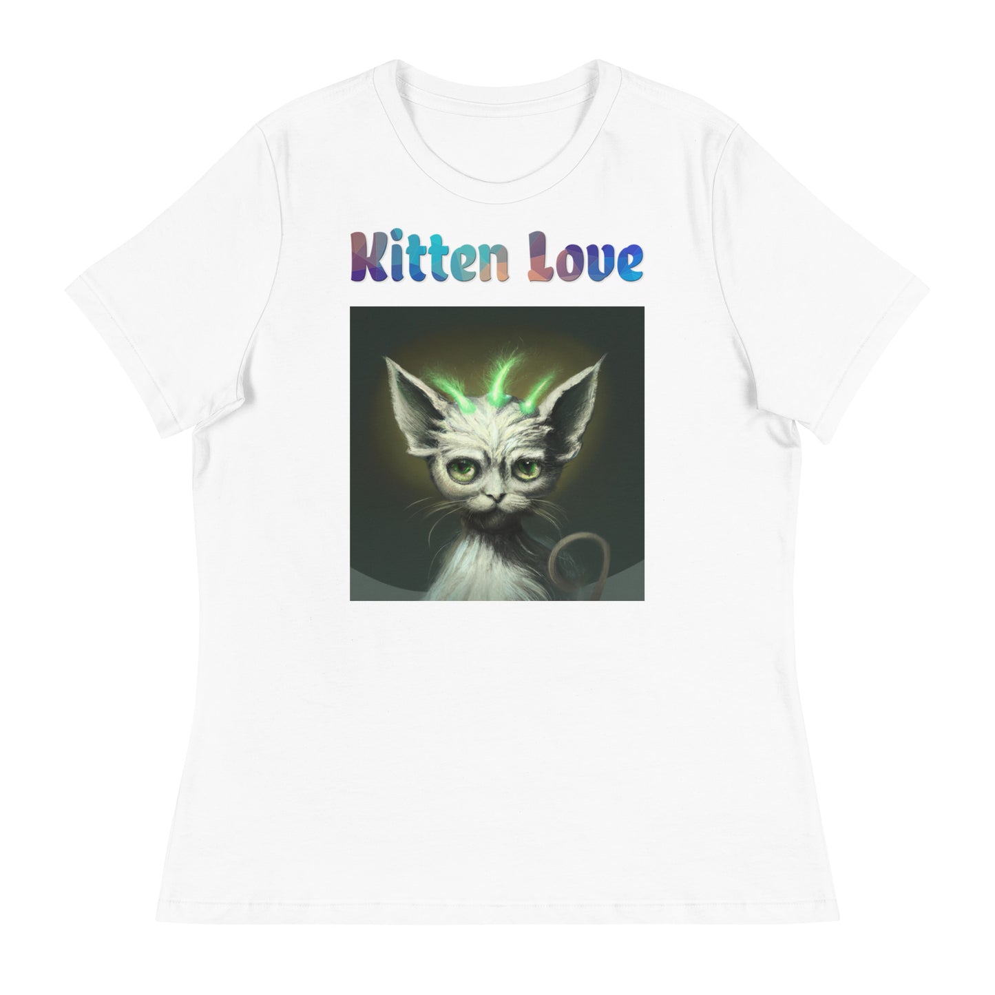 Women's White T-Shirt with Cat With Green Alien Spikes with a text "Kitten Love" at $25.97 found at Personalizedpetlovergifts