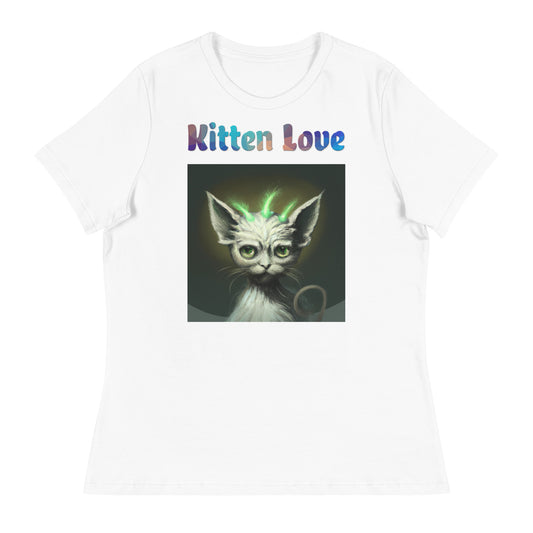 Women's White T-Shirt with Cat With Green Alien Spikes with a text "Kitten Love" at $25.97 found at Personalizedpetlovergifts