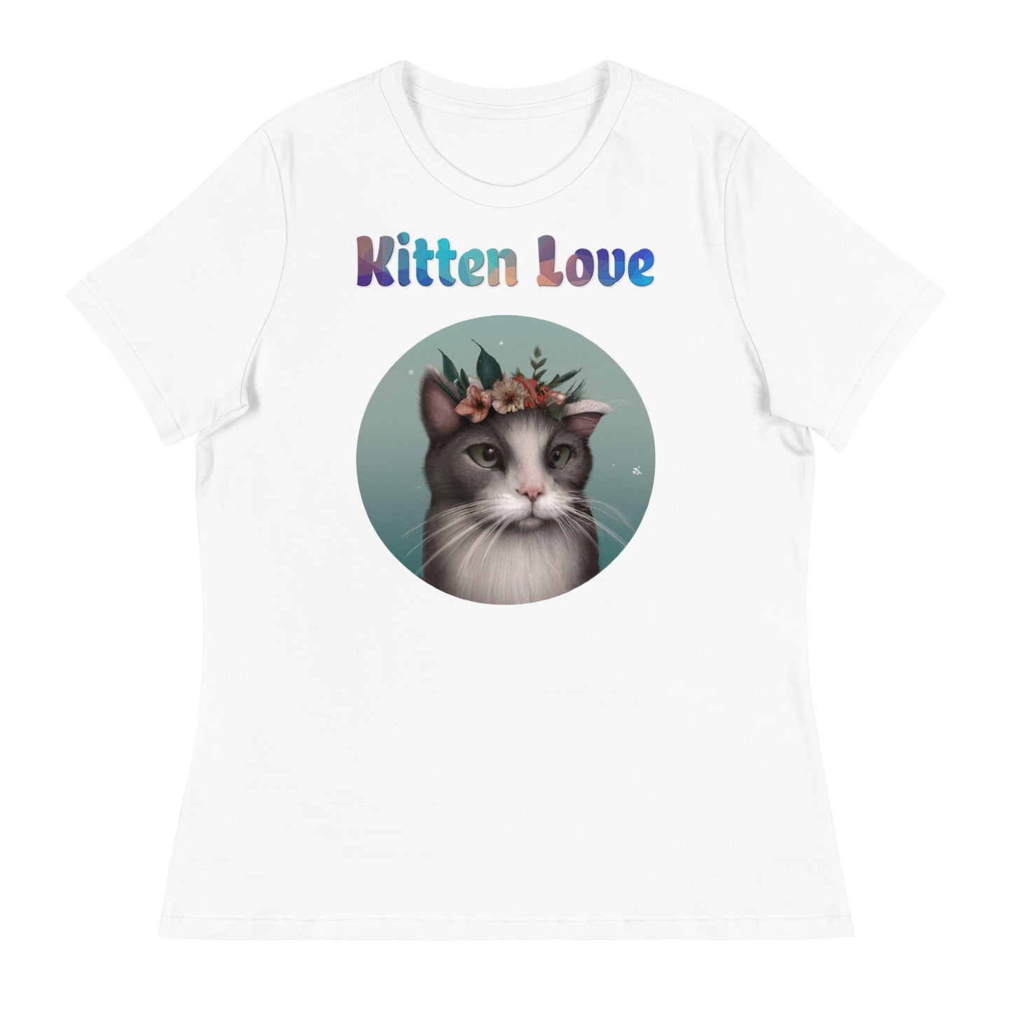 Women's White T-Shirt with Cat With Flowers with a text "Kitten Love" at $25.97 found at Personalizedpetlovergifts