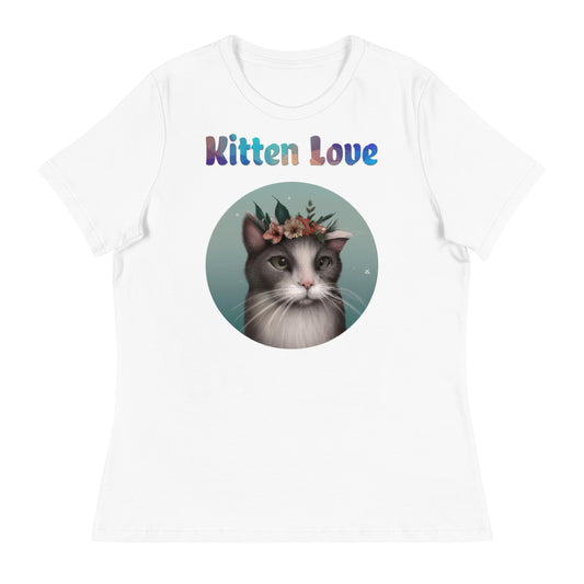 Women's White T-Shirt with Cat With Flowers with a text "Kitten Love" at $25.97 found at Personalizedpetlovergifts