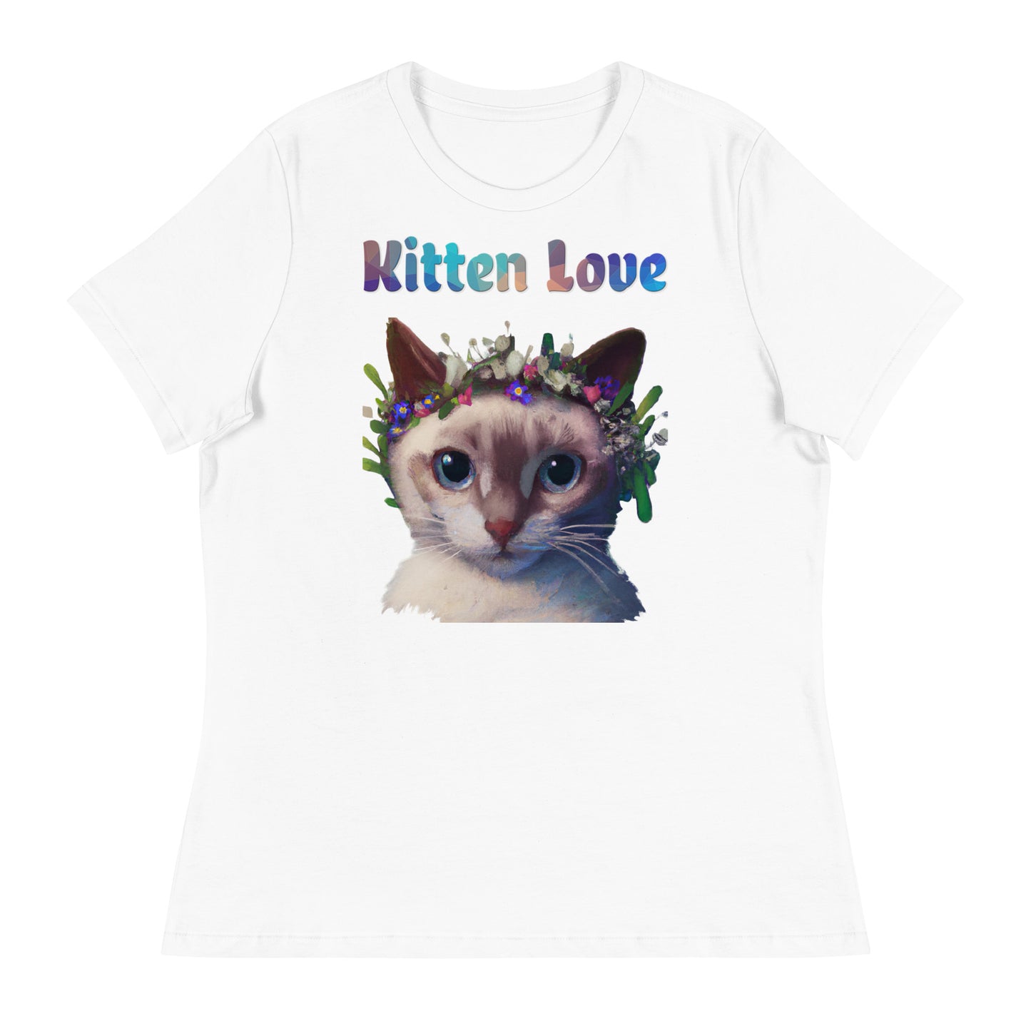 Women's White T-Shirt with Cat With Flowers On Head with a text "Kitten Love" at $25.97 found at Personalizedpetlovergifts