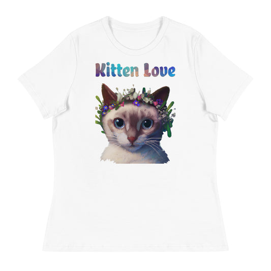 Women's White T-Shirt with Cat With Flowers On Head with a text "Kitten Love" at $25.97 found at Personalizedpetlovergifts