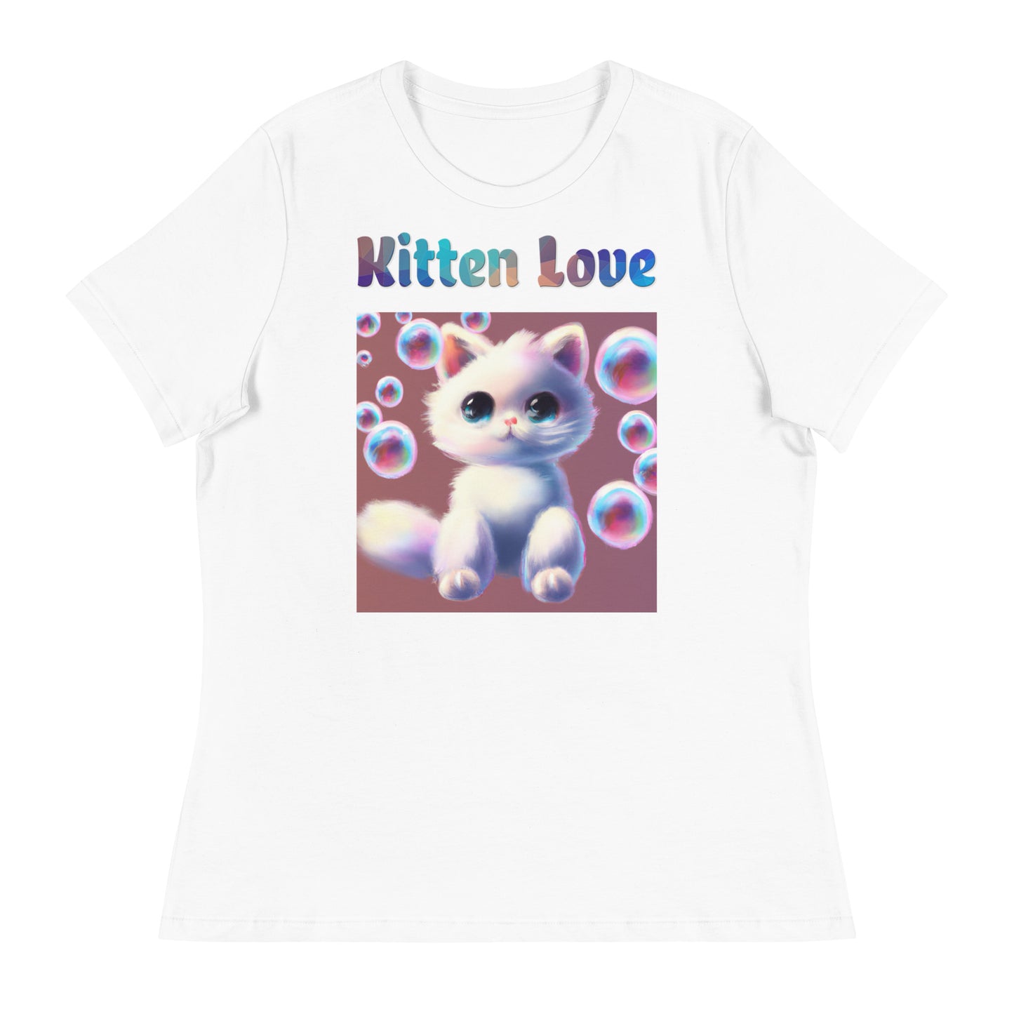 Women's White T-Shirt with Cat With Bubbles with a text "Kitten Love" at $25.97 found at Personalizedpetlovergifts