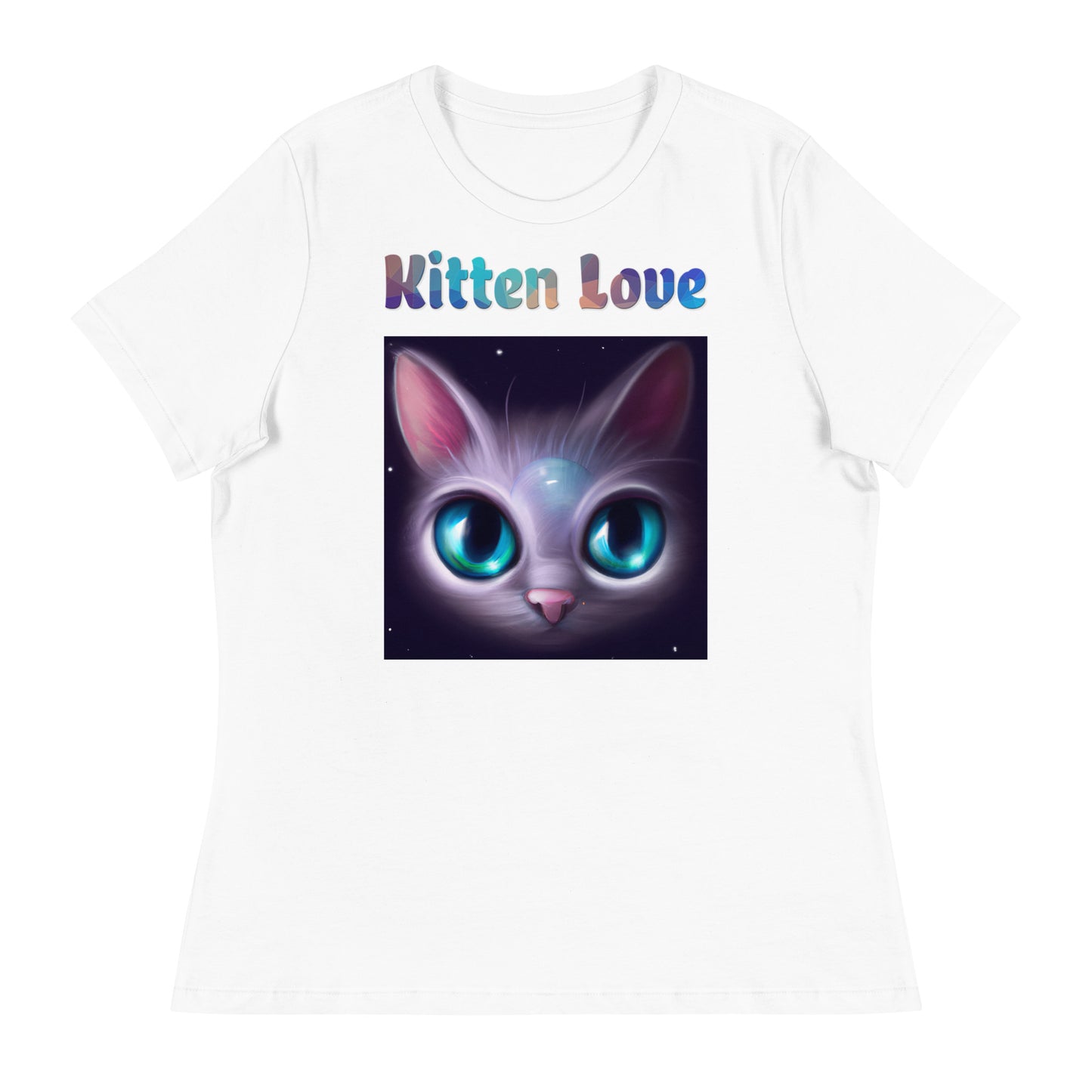 Women's White T-Shirt with Cat With Bright Blue Eyes with a text "Kitten Love" at $25.97 found at Personalizedpetlovergifts